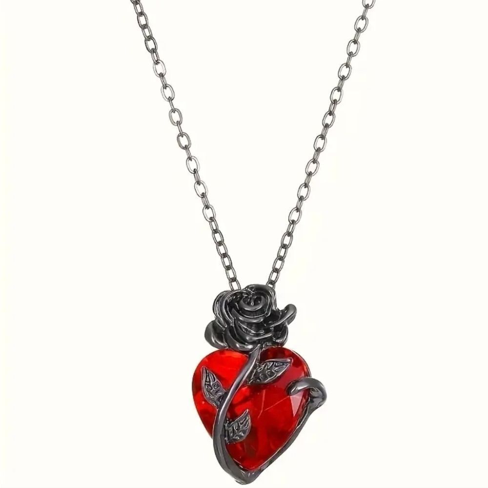 Gothic Black Gun Plated Rose & Heart Diamond Entwined Pendant Necklace - Picture 2 of 6